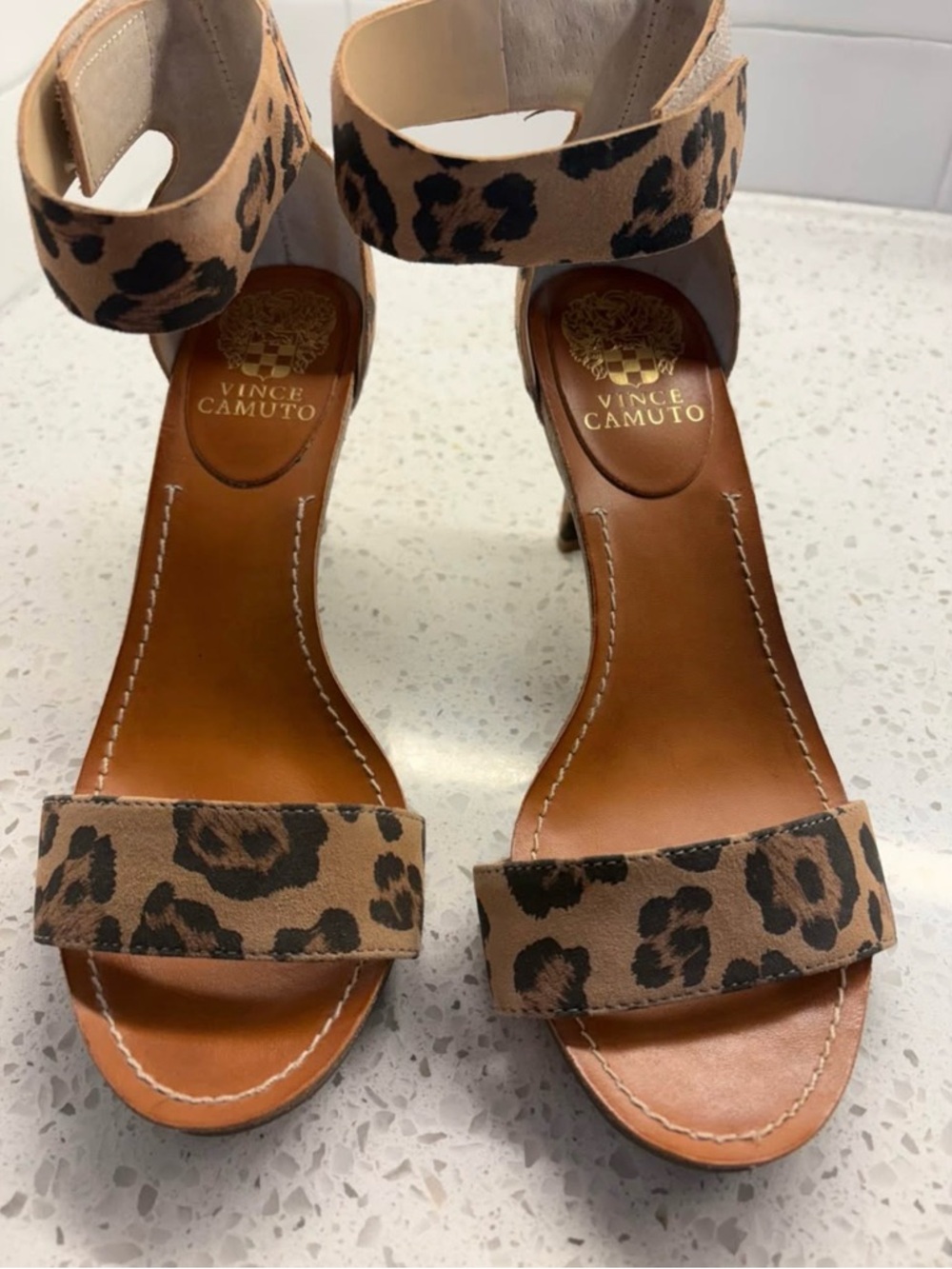 Vince Camuto Leopard-Print Ankle-Strap Heels in Tan and Black
